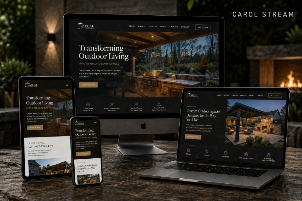 Custom website design for a residential contractor in Carol Stream, IL, shown on desktop, laptop, tablet, and mobile