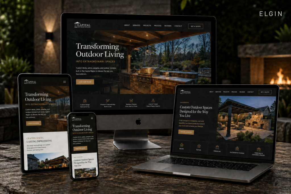 Custom website design for a residential contractor in Elgin, IL, shown on desktop, laptop, tablet, and mobile