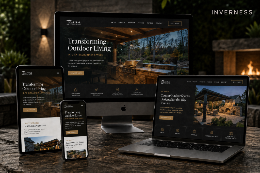 Custom website design for a residential contractor in Inverness, IL, shown on desktop, laptop, tablet, and mobile
