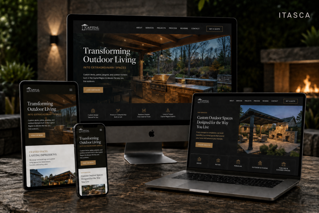 Custom website design for a residential contractor in Itasca, IL, shown on desktop, laptop, tablet, and mobile