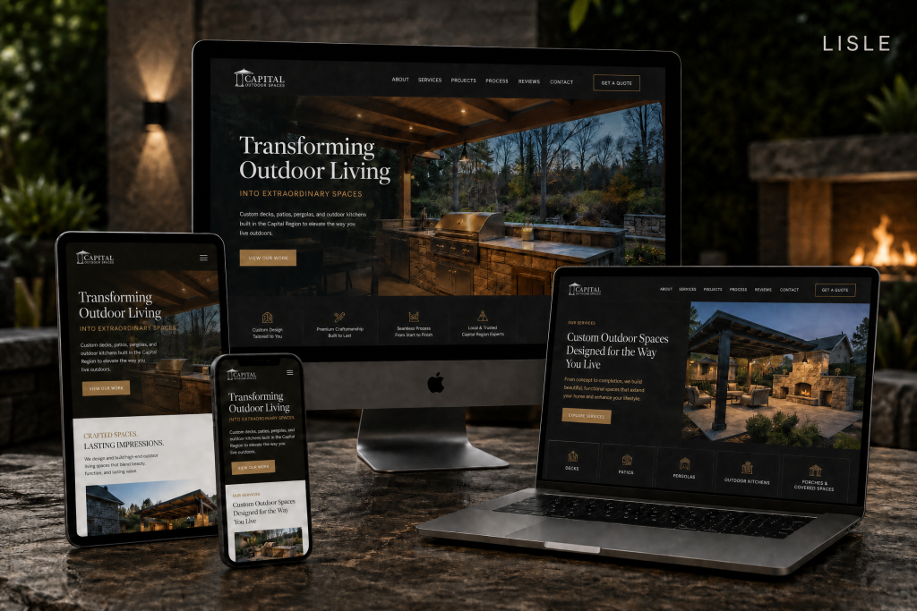 Custom website design for a residential contractor in Lisle, IL, shown on desktop, laptop, tablet, and mobile
