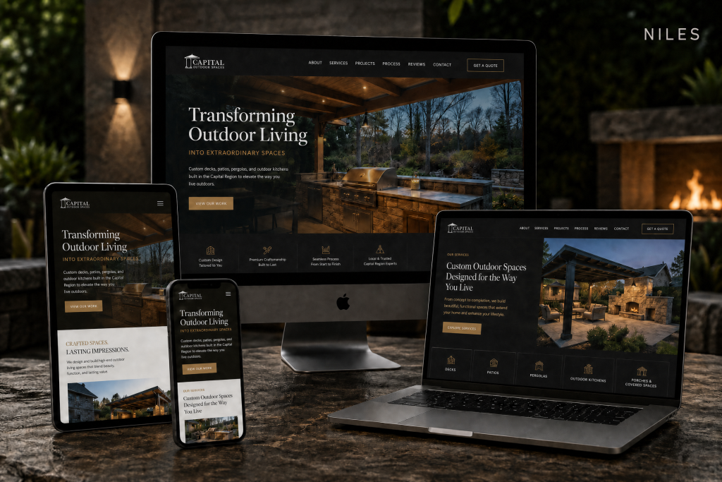 Custom website design for a residential contractor in Niles, IL, shown on desktop, laptop, tablet, and mobile
