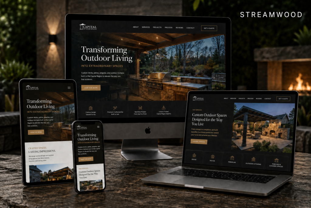 Custom website design for a residential contractor in Streamwood, IL, shown on desktop, laptop, tablet, and mobile