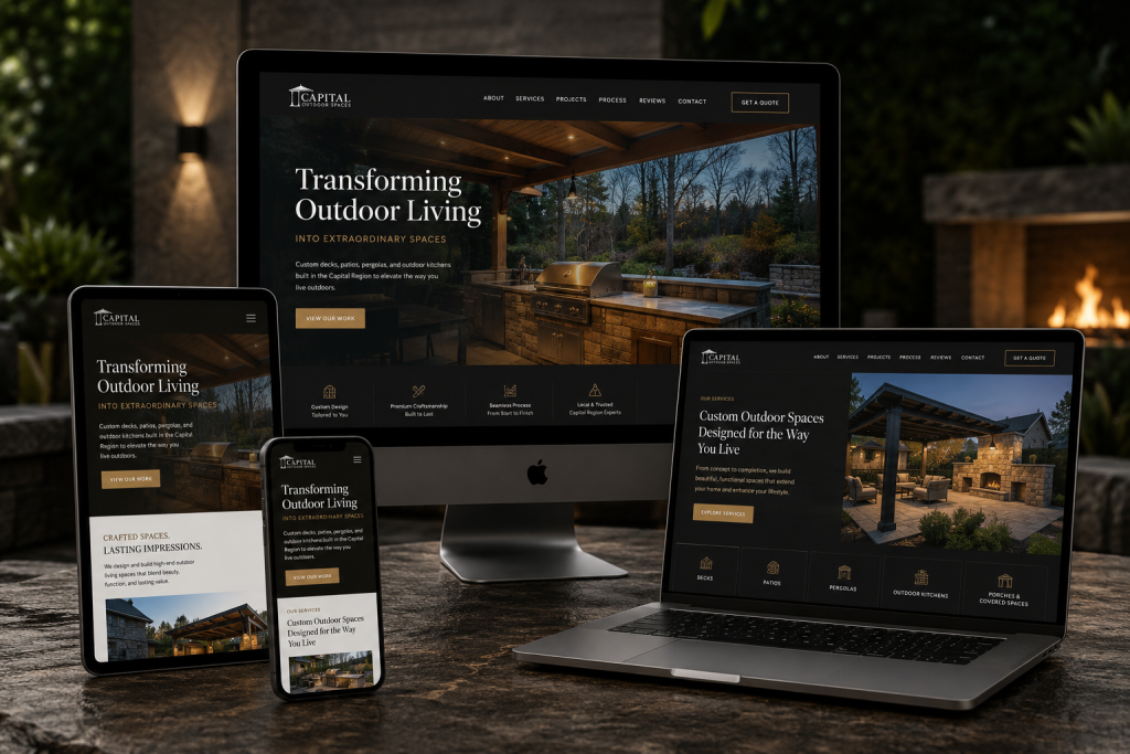 Custom website design for an outdoor living contractor, shown on desktop, laptop, tablet, and mobile with outdoor kitchen and patio photography