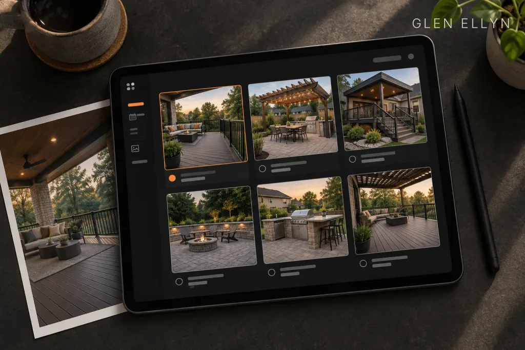 Overhead view of a tablet showing a project photo gallery of decks and patios, one image selected, beside a printed photo and stylus, labeled Glen Ellyn, IL