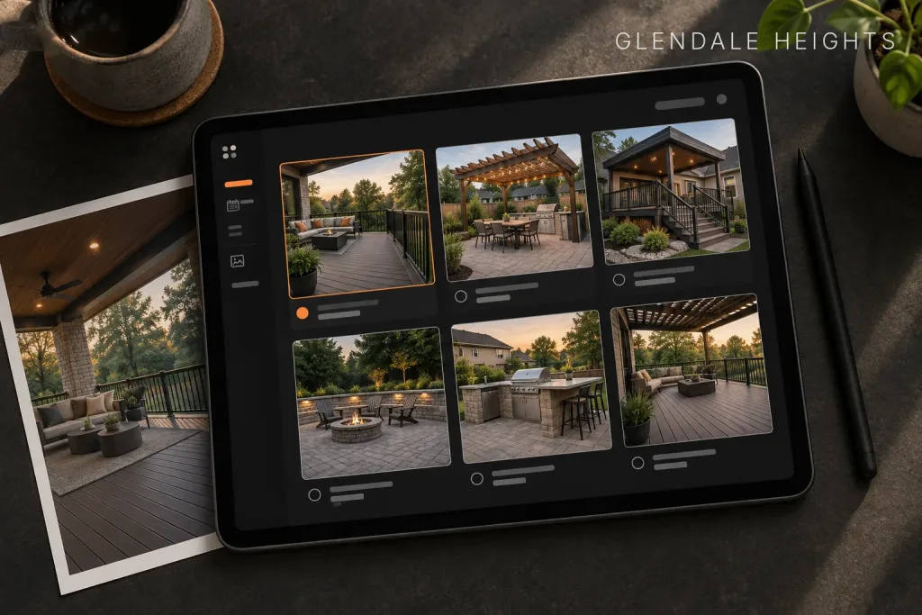 Overhead view of a tablet showing a project photo gallery of decks and patios, one image selected, beside a printed photo and stylus, labeled Glendale Heights, IL