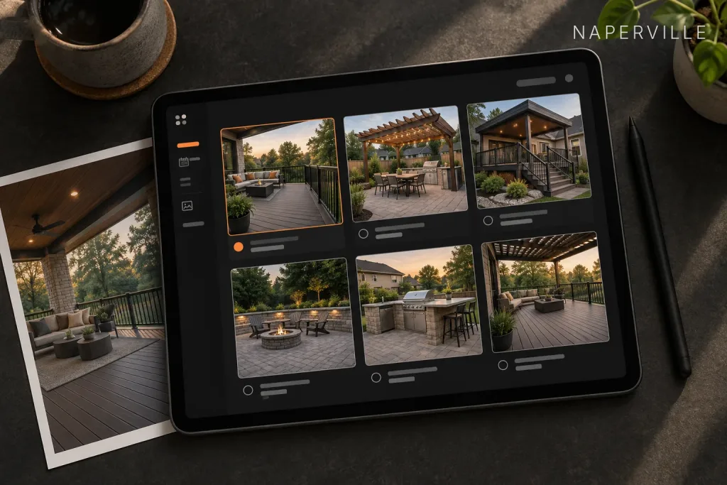 Overhead view of a tablet showing a project photo gallery of decks and patios, one image selected, beside a printed photo and stylus, labeled Naperville, IL