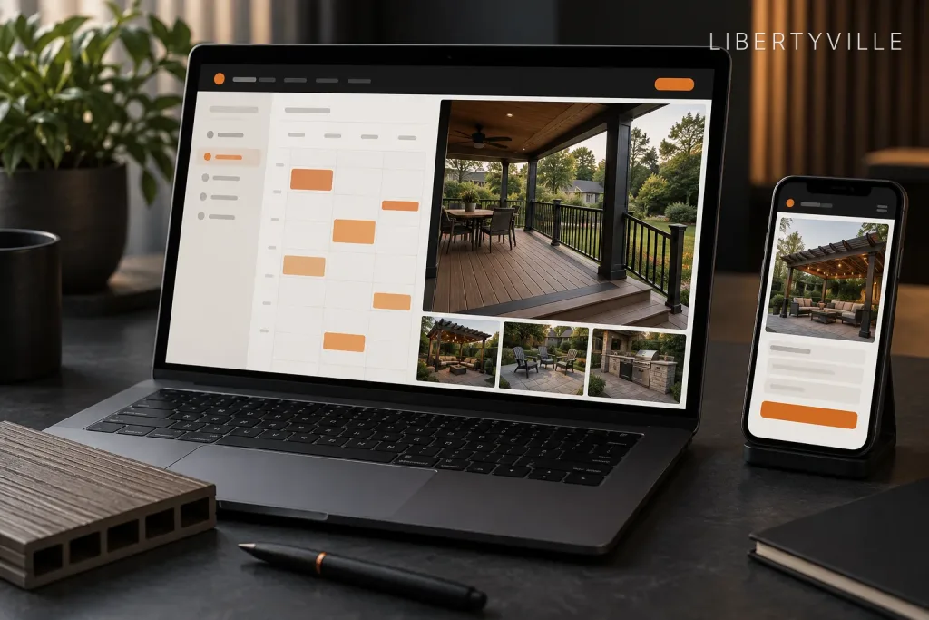 Laptop showing a contractor scheduling calendar next to deck and pergola project photos, with a phone and composite decking sample on the desk, labeled Libertyville, IL