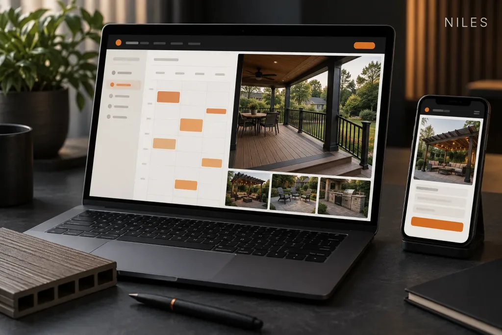 Laptop showing a contractor scheduling calendar next to deck and pergola project photos, with a phone and composite decking sample on the desk, labeled Niles, IL
