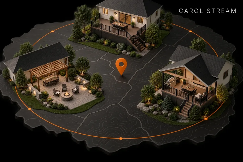 Topographic map model with an orange service radius ring around three homes featuring a deck, pergola patio, and outdoor kitchen, labeled Carol Stream, IL