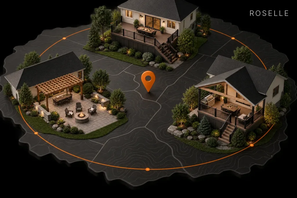Topographic map model with an orange service radius ring around three homes featuring a deck, pergola patio, and outdoor kitchen, labeled Roselle, IL