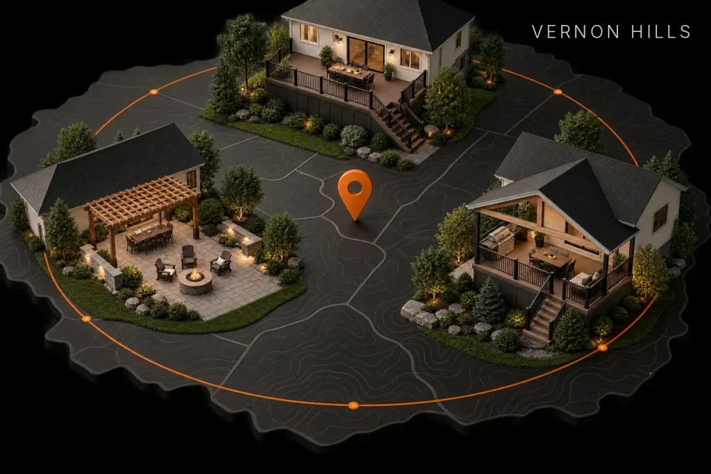 Topographic map model with an orange service radius ring around three homes featuring a deck, pergola patio, and outdoor kitchen, labeled Vernon Hills, IL