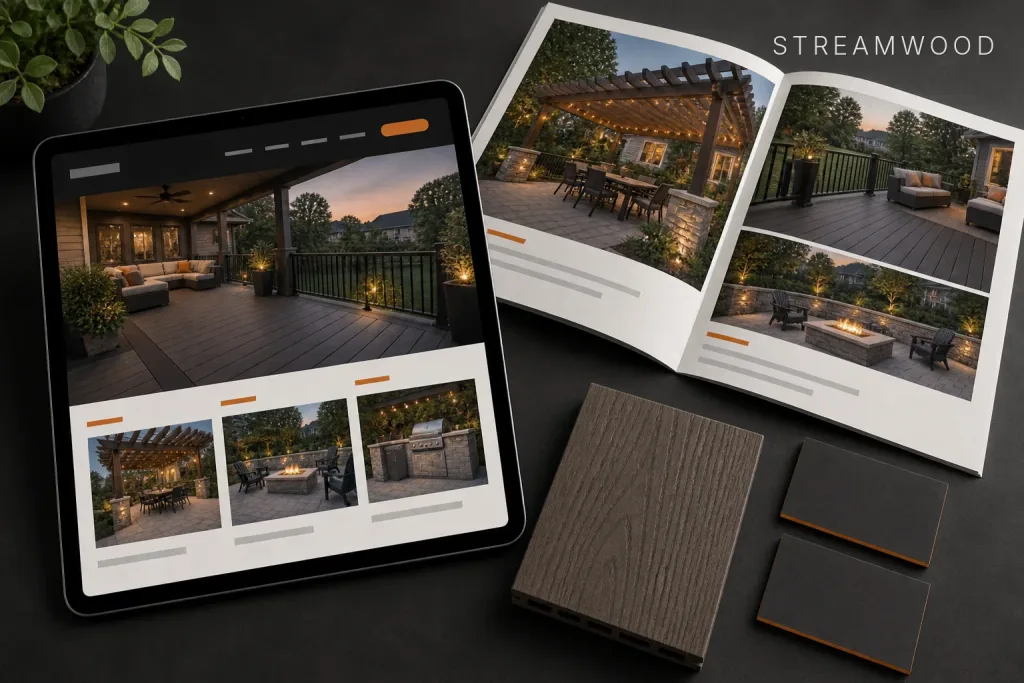 Overhead view of a tablet showing a deck contractor's website beside an open project brochure and composite decking sample, labeled Streamwood, IL