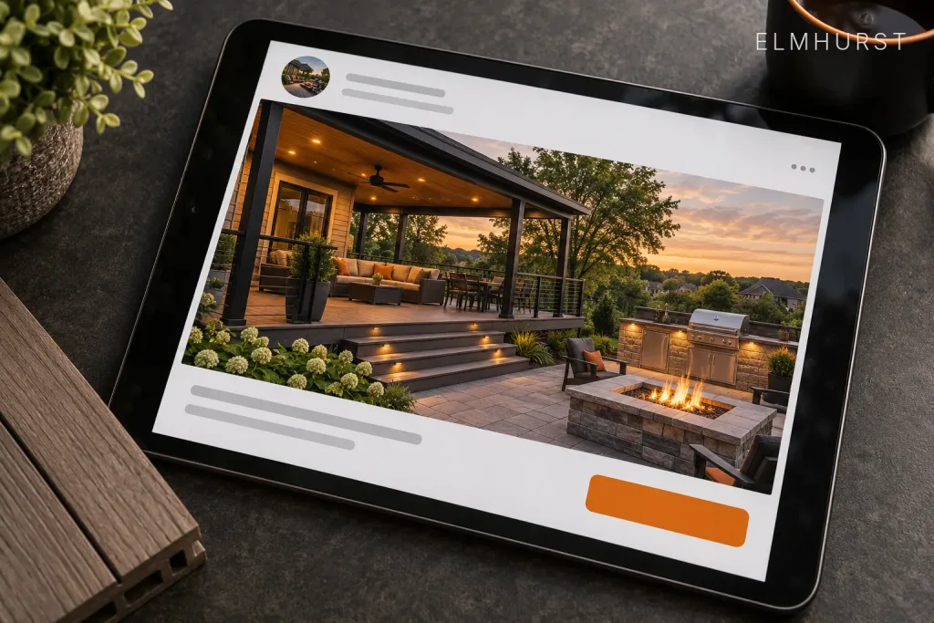 Tablet showing a contractor's sponsored post featuring a covered deck and outdoor kitchen at sunset, labeled Elmhurst, IL