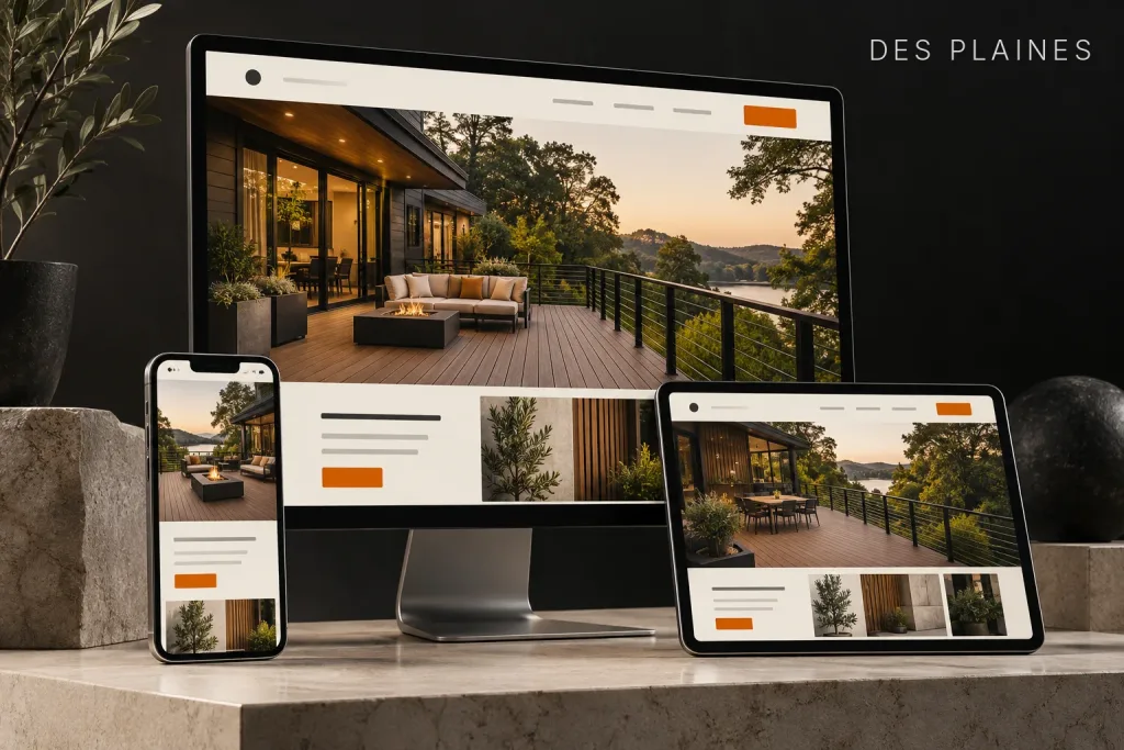 Monitor, phone, and tablet on a stone plinth showing a modern deck builder's website with a hillside view, labeled Des Plaines, IL