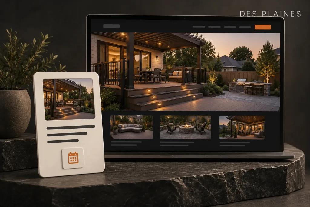 Laptop showing a deck company website beside a booking card with a calendar icon for scheduling an estimate, labeled Des Plaines, IL