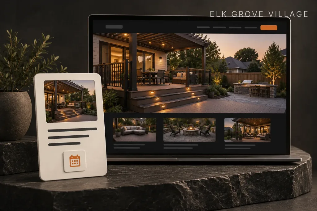 Laptop showing a deck company website beside a booking card with a calendar icon for scheduling an estimate, labeled Elk Grove Village, IL