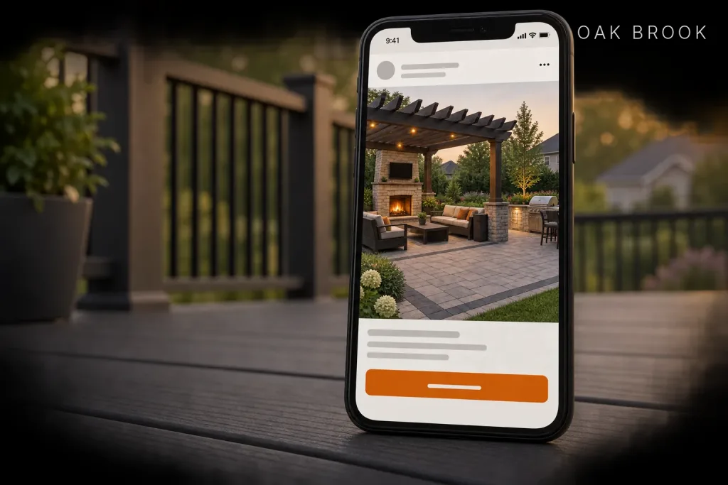 Smartphone on a composite deck showing a contractor's social post with a paver patio, pergola, and outdoor fireplace, labeled Oak Brook, IL