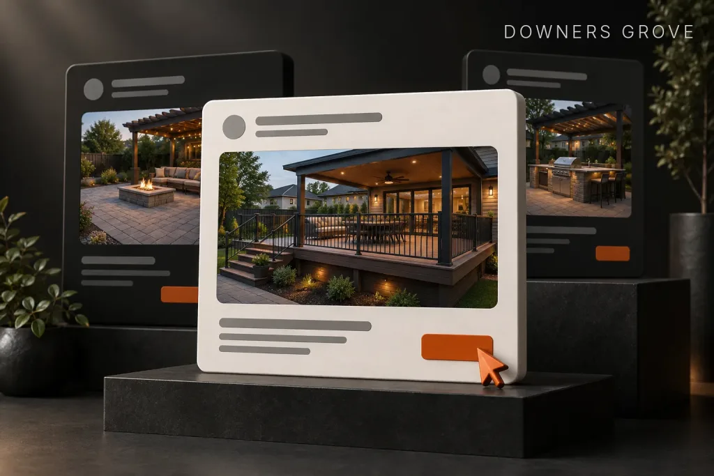 Layered web page cards showing deck, pergola, and outdoor kitchen projects, with a cursor over an orange call to action button, labeled Downers Grove, IL
