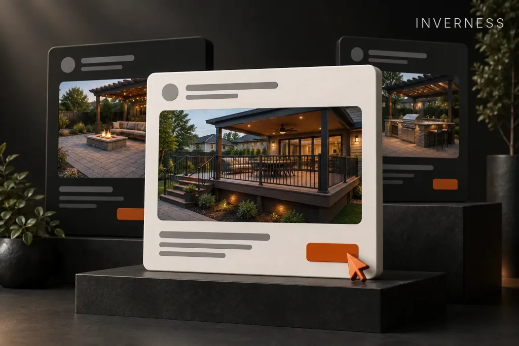 Layered web page cards showing deck, pergola, and outdoor kitchen projects, with a cursor over an orange call to action button, labeled Inverness, IL