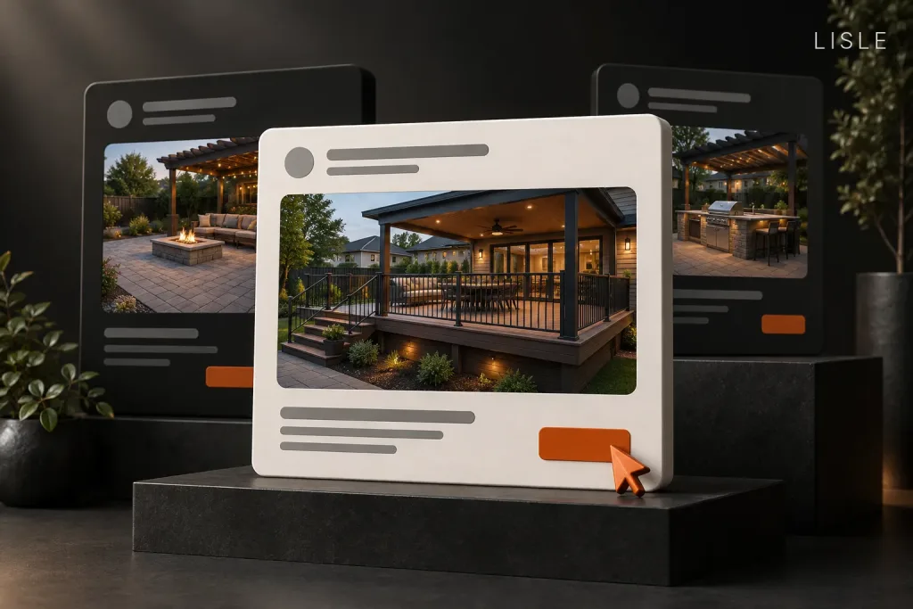 Layered web page cards showing deck, pergola, and outdoor kitchen projects, with a cursor over an orange call to action button, labeled Lisle, IL