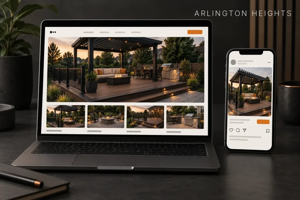 Laptop showing a deck contractor website next to a phone displaying the same project as a social media post, labeled Arlington Heights, IL