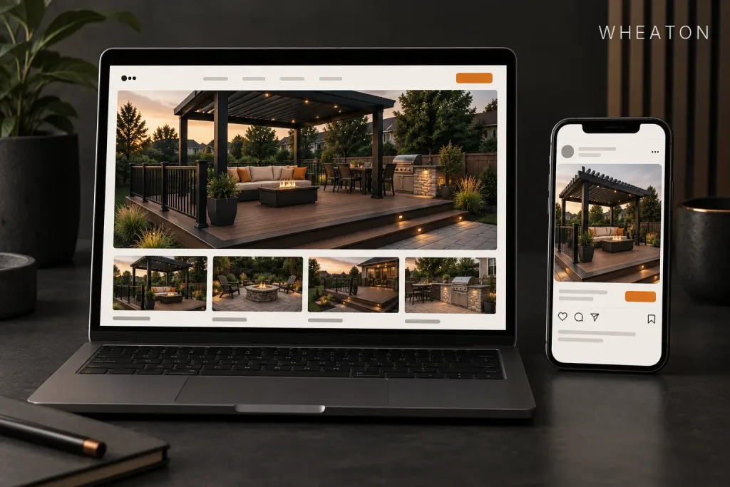 Laptop showing a deck contractor website next to a phone displaying the same project as a social media post, labeled Wheaton, IL
