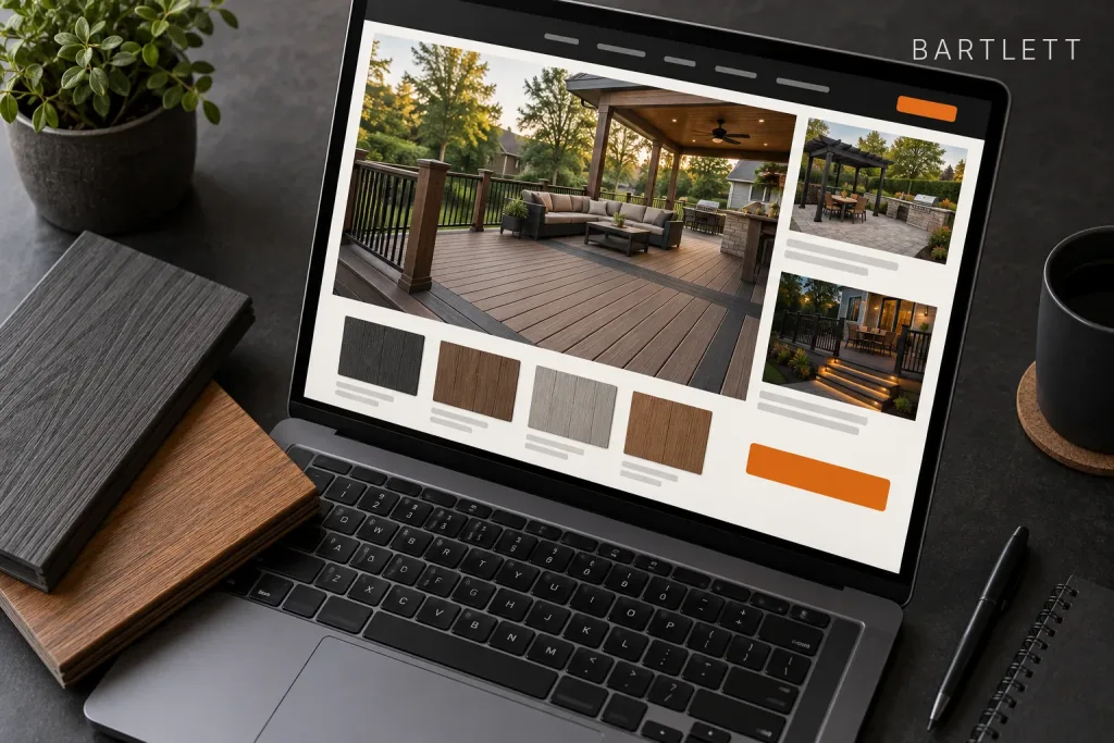 Laptop showing a deck website with composite decking color swatches, next to a stack of real decking board samples, labeled Bartlett, IL