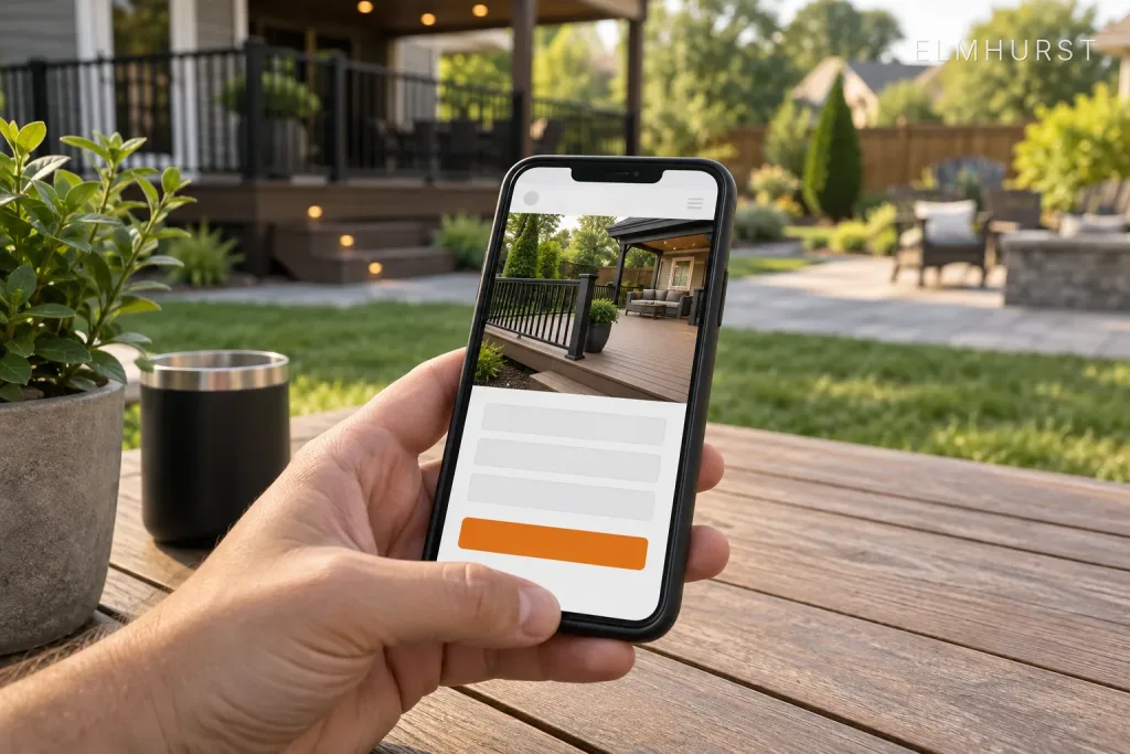 Hand holding a phone at a backyard table showing a deck contractor's page with an orange request a quote button, labeled Elmhurst, IL