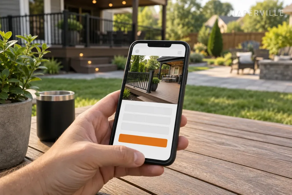 Hand holding a phone at a backyard table showing a deck contractor's page with an orange request a quote button, labeled Naperville, IL