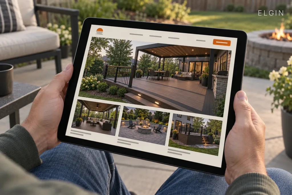 Person on a patio holding a tablet showing a deck builder's website, with a lit fire pit in the background, labeled Elgin, IL