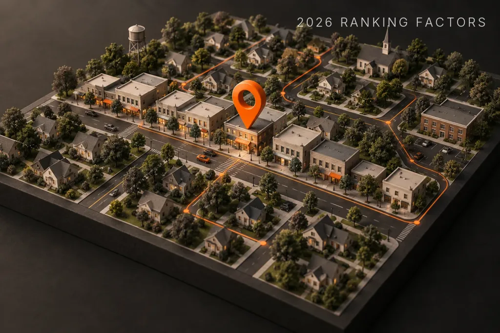 Scale model of a town with an orange map pin over a main street business and glowing routes running out to surrounding homes, labeled 2026 Ranking Factors, IL