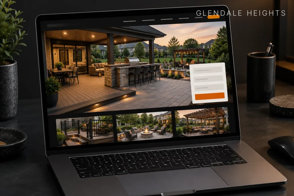 Laptop showing an outdoor kitchen and covered deck website with a quote request form open over the hero image, labeled Glendale Heights, IL
