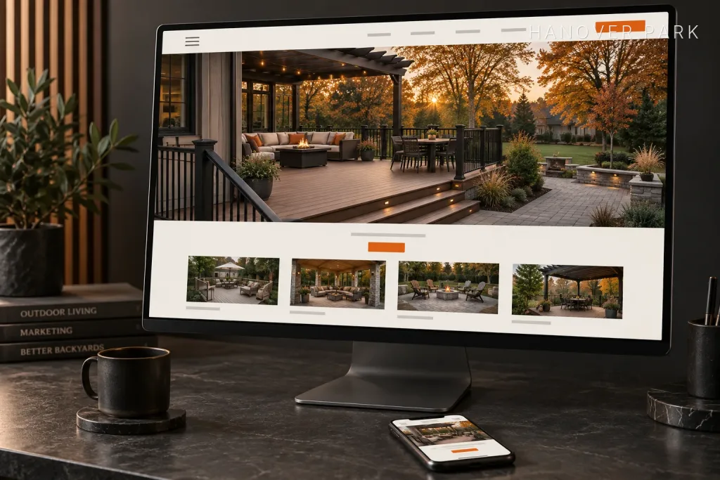 Deck builder website homepage displayed on a desktop monitor, with a sunset deck hero image and a row of project photos, labeled Hanover Park, IL