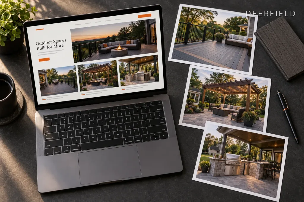 Overhead view of a laptop showing an outdoor living website next to printed photos of a deck, pergola patio, and outdoor kitchen, labeled Deerfield, IL