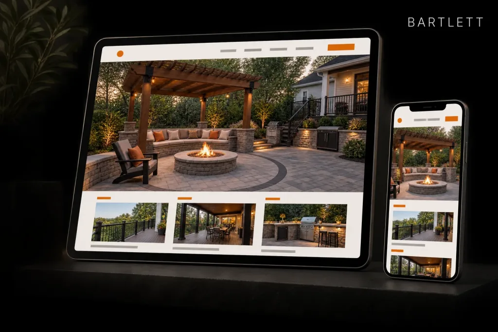 Tablet and phone side by side showing a patio contractor's website with a fire pit and pergola project, labeled Bartlett, IL