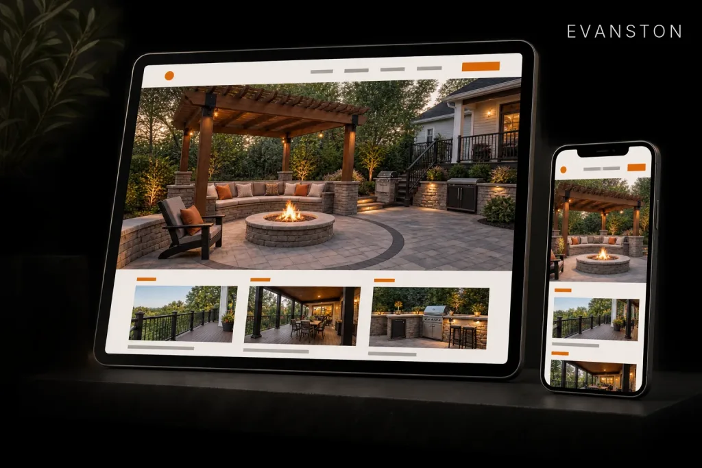 Tablet and phone side by side showing a patio contractor's website with a fire pit and pergola project, labeled Evanston, IL