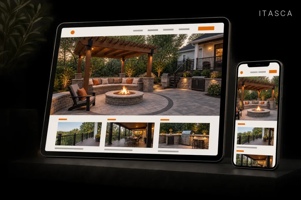 Tablet and phone side by side showing a patio contractor's website with a fire pit and pergola project, labeled Itasca, IL