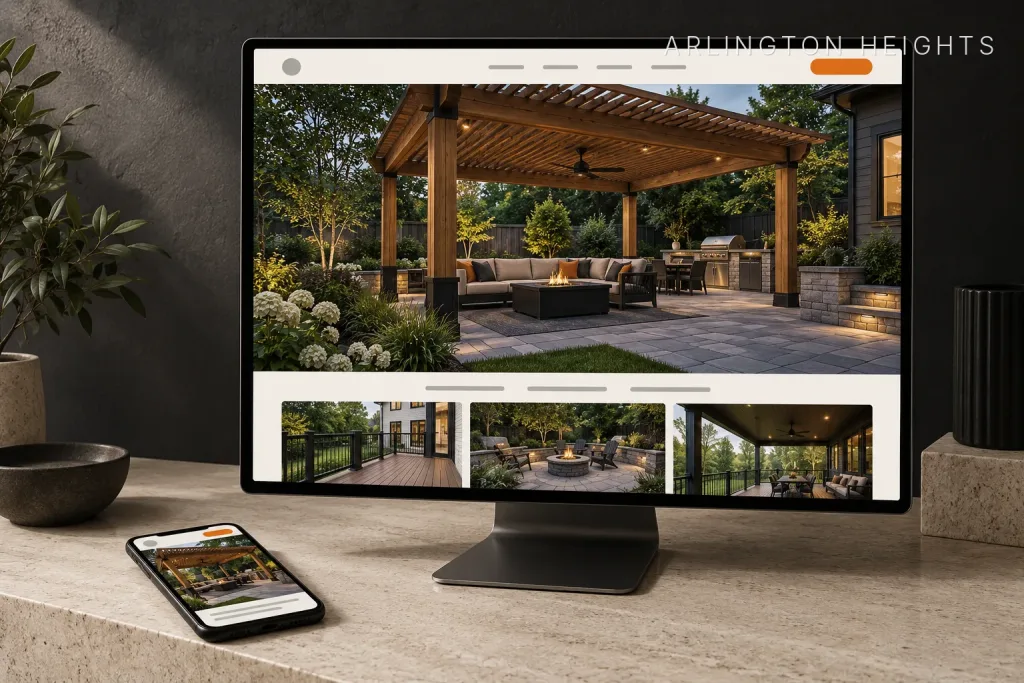 Desktop monitor and phone showing a pergola builder's website with a cedar pergola, fire table, and outdoor kitchen, labeled Arlington Heights, IL