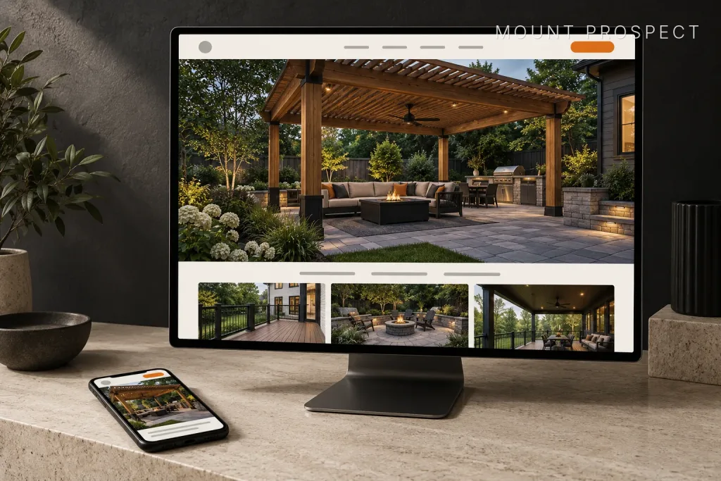 Desktop monitor and phone showing a pergola builder's website with a cedar pergola, fire table, and outdoor kitchen, labeled Mount Prospect, IL