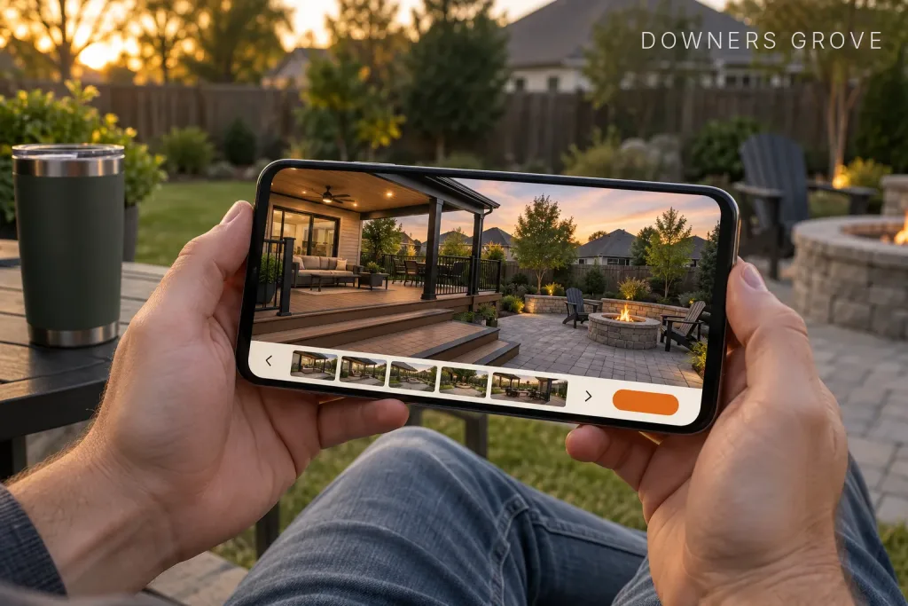 Hands holding a phone in landscape at a backyard fire pit, browsing a contractor's project gallery carousel, labeled Downers Grove, IL