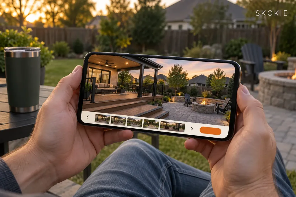 Hands holding a phone in landscape at a backyard fire pit, browsing a contractor's project gallery carousel, labeled Skokie, IL