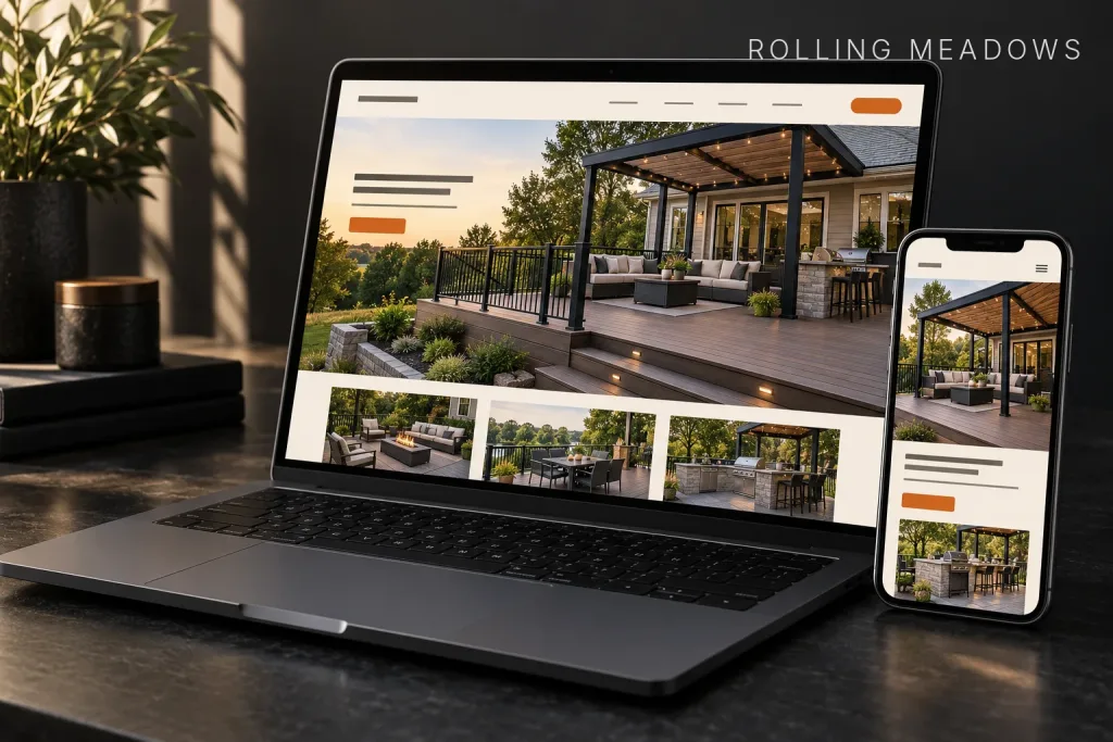 Laptop and phone displaying the same deck and outdoor kitchen website at desktop and mobile sizes, labeled Rolling Meadows, IL