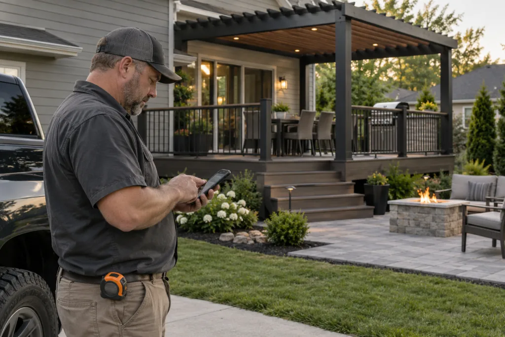 Contractor by his truck checking his phone outside a finished deck with a pergola, fire pit, and paver patio