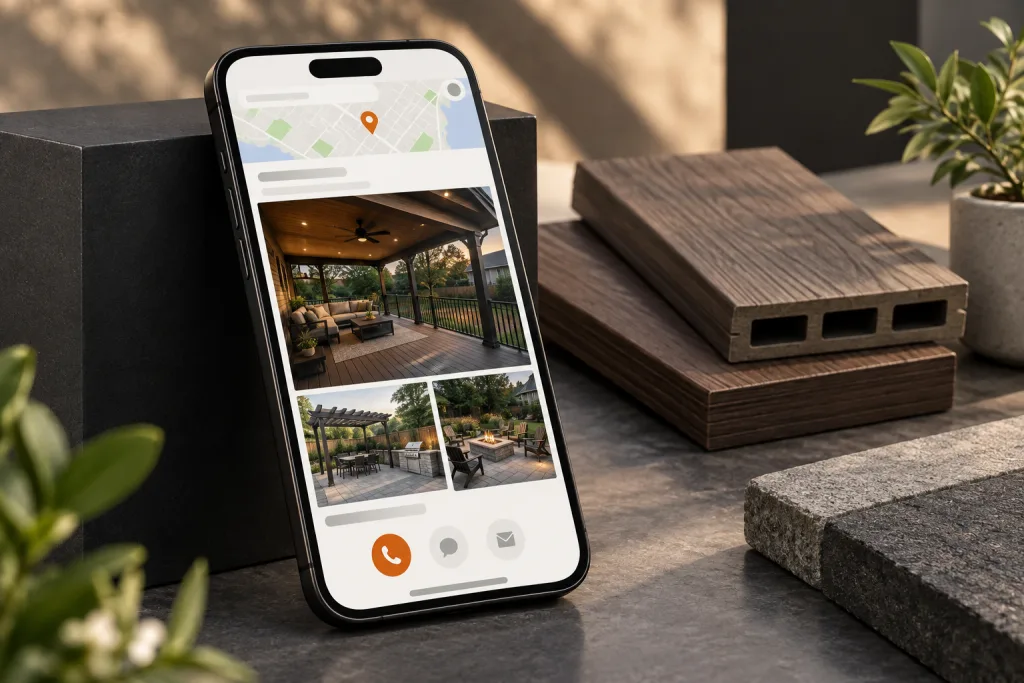 Phone showing a contractor's local map listing with call and message buttons, next to composite decking and paver samples