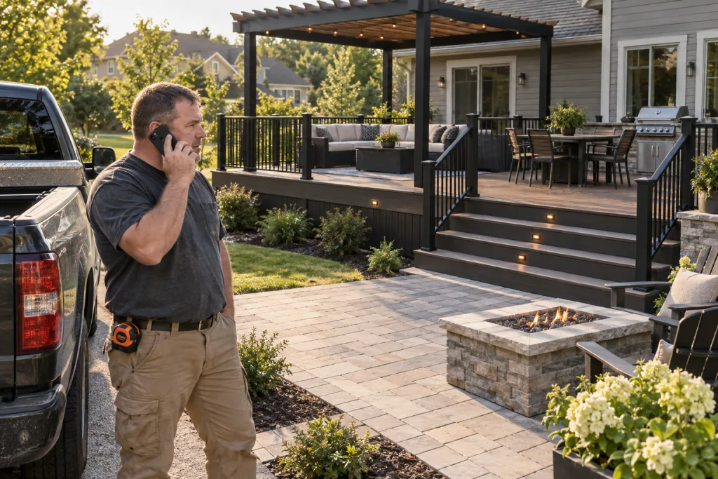 Contractor on the phone beside his truck in front of a finished deck with a pergola, paver patio, and fire table