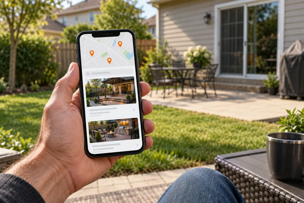Homeowner in a plain backyard holding a phone showing local map results and listings for deck and patio contractors