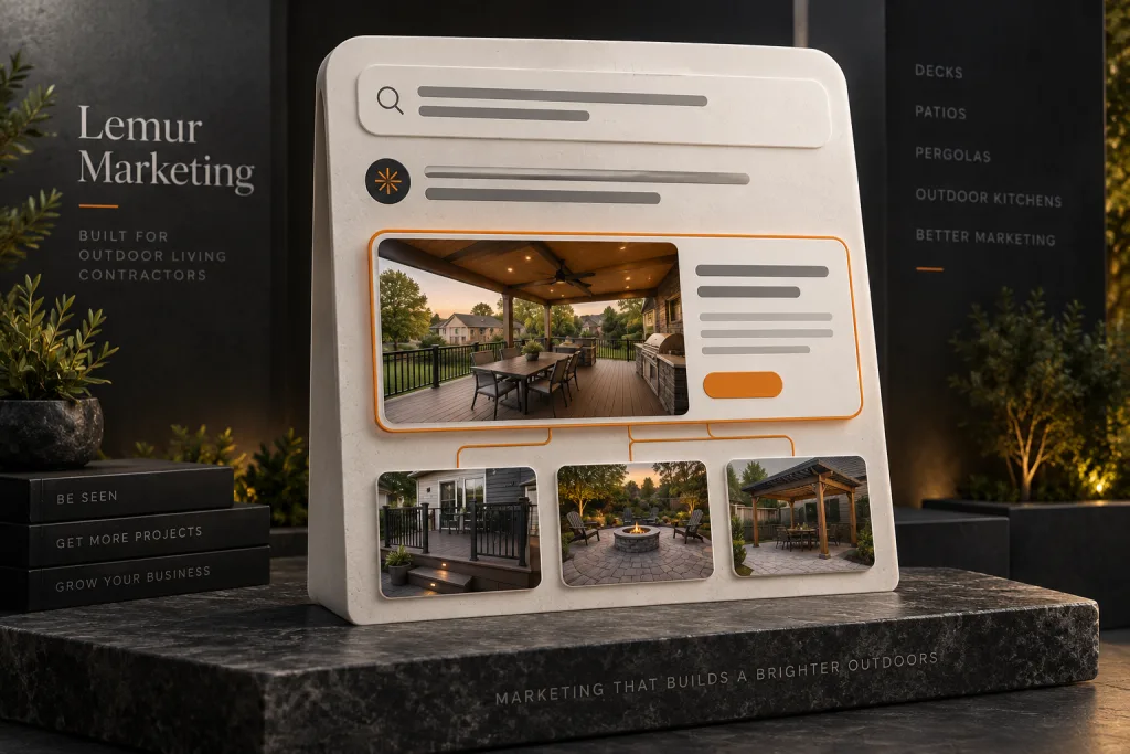 Lemur Marketing branded display showing a contractor web page layout beside panels listing decks, patios, pergolas, and outdoor kitchens