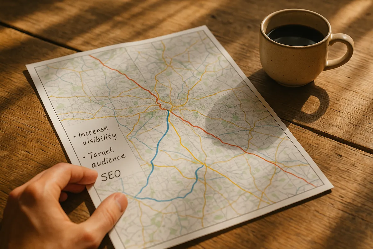 A hand places a local map on a wooden table with notes, highlighting the importance of local knowledge in marketing.