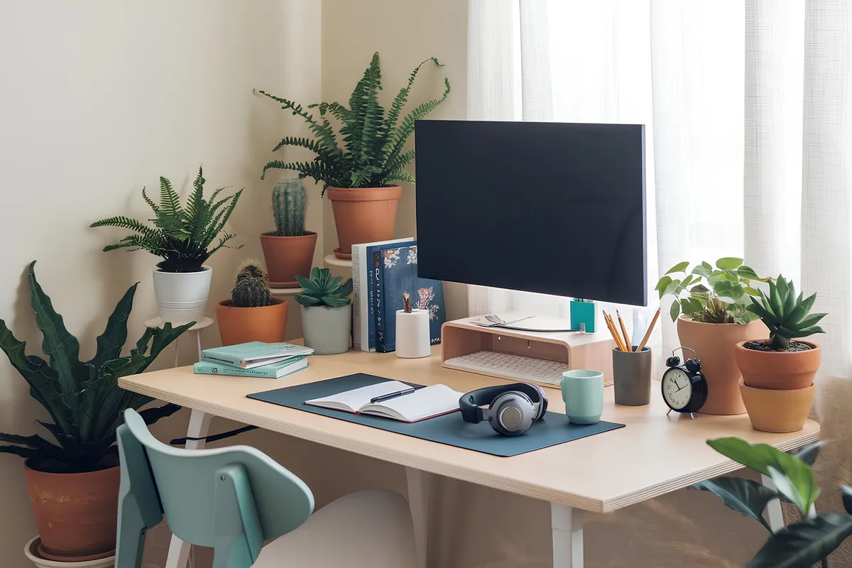 A cozy home office setup with a desk, chair, and plants, reflecting the comfort of local work environments.